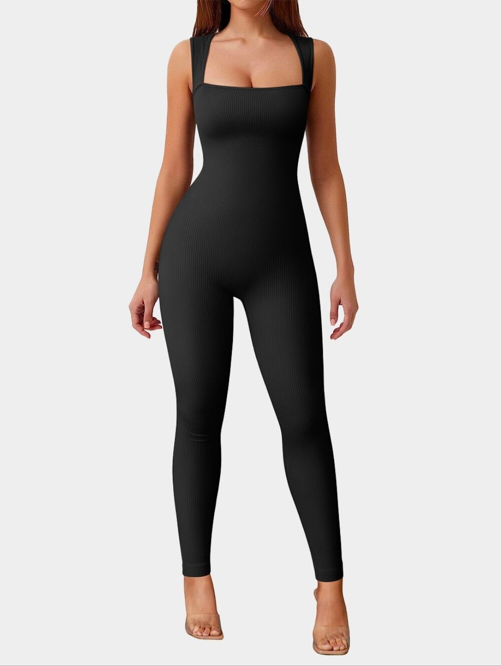 OQQ Black Ribbed Square-Neck Jumpsuit